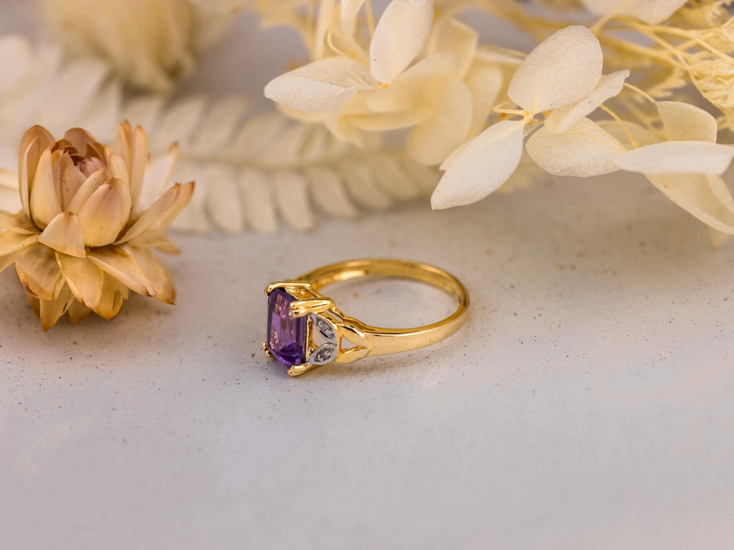 Vintage Amethyst and diamond ring 14k solid gold statement or engagement ring, genuine antique vintage emerald cut ring