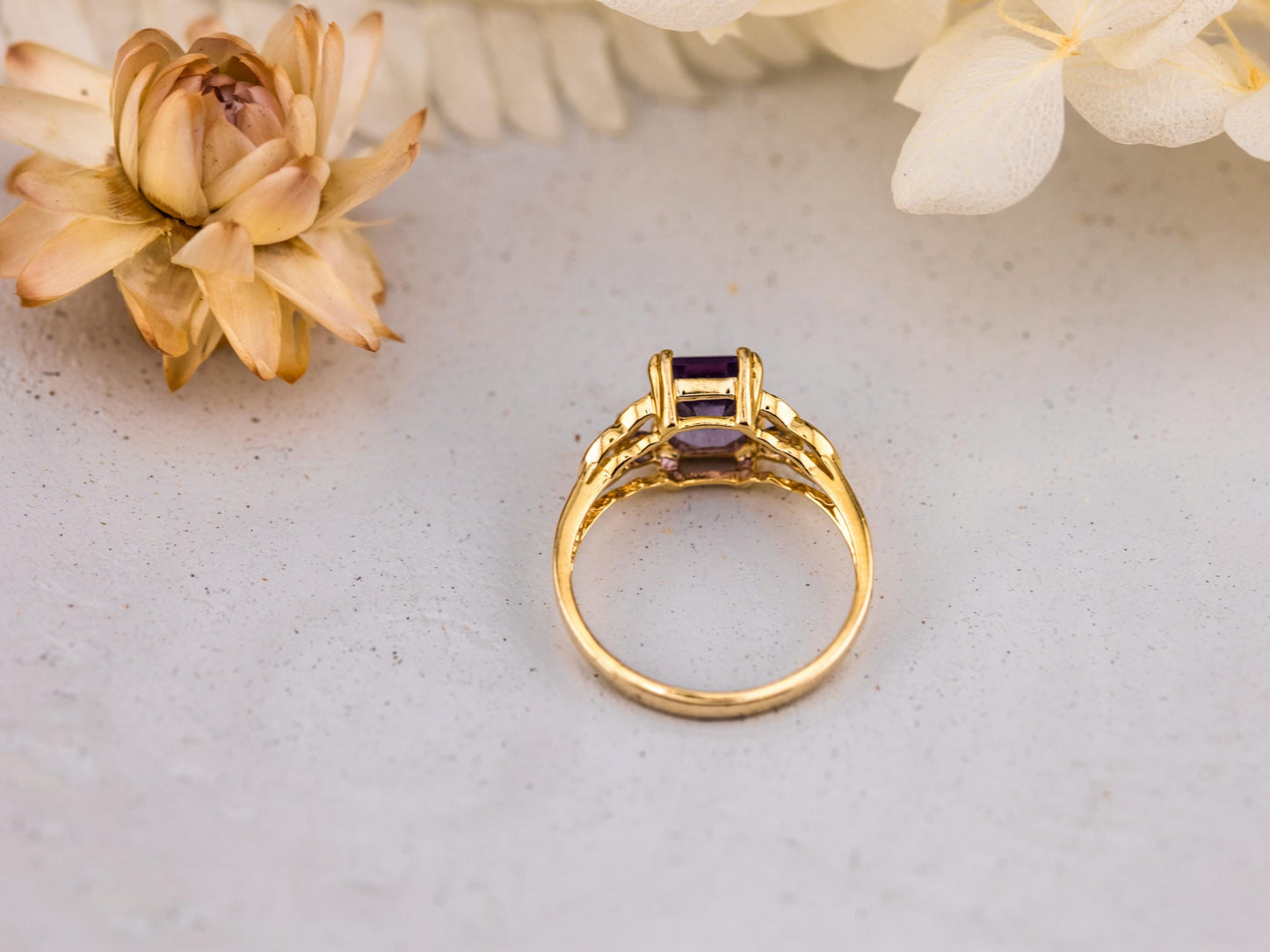 Vintage Amethyst and diamond ring 14k solid gold statement or engagement ring, genuine antique vintage emerald cut ring