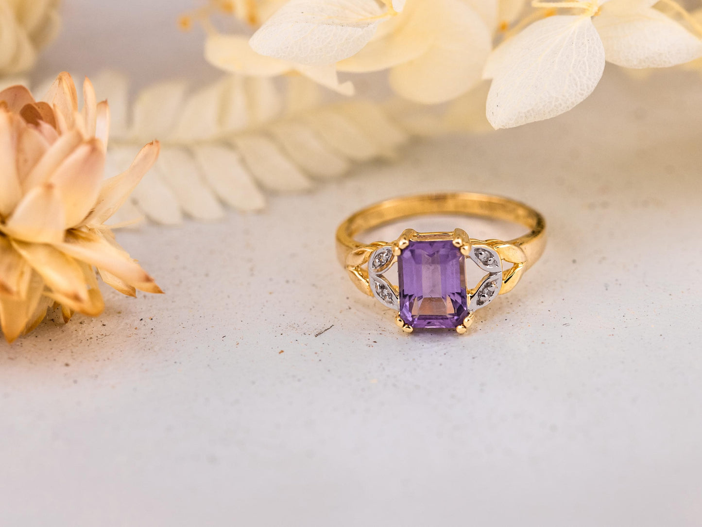 Vintage Amethyst and diamond ring 14k solid gold statement or engagement ring, genuine antique vintage emerald cut ring