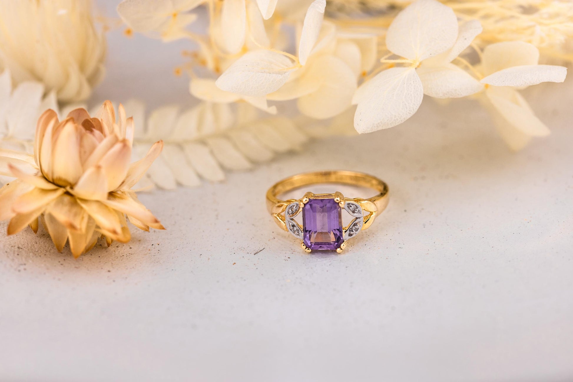 Vintage Amethyst and diamond ring 14k solid gold statement or engagement ring, genuine antique vintage emerald cut ring