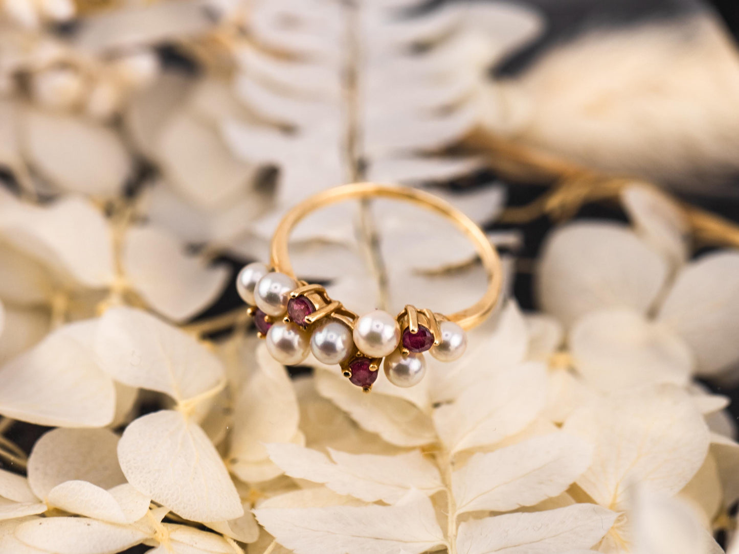 Vintage pearl and ruby ring 14k solid gold