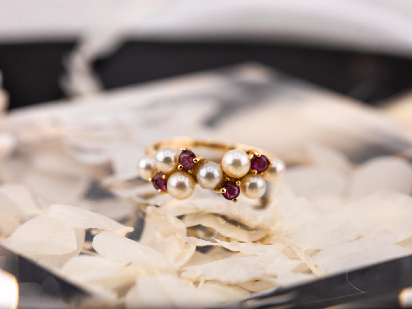 Vintage pearl and ruby ring 14k solid gold