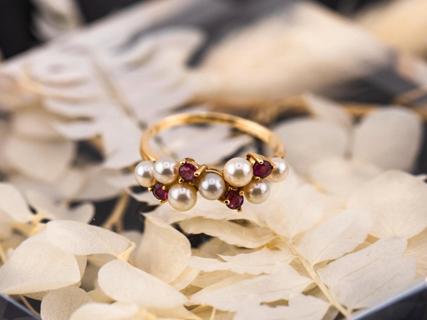 Vintage pearl and ruby ring 14k solid gold