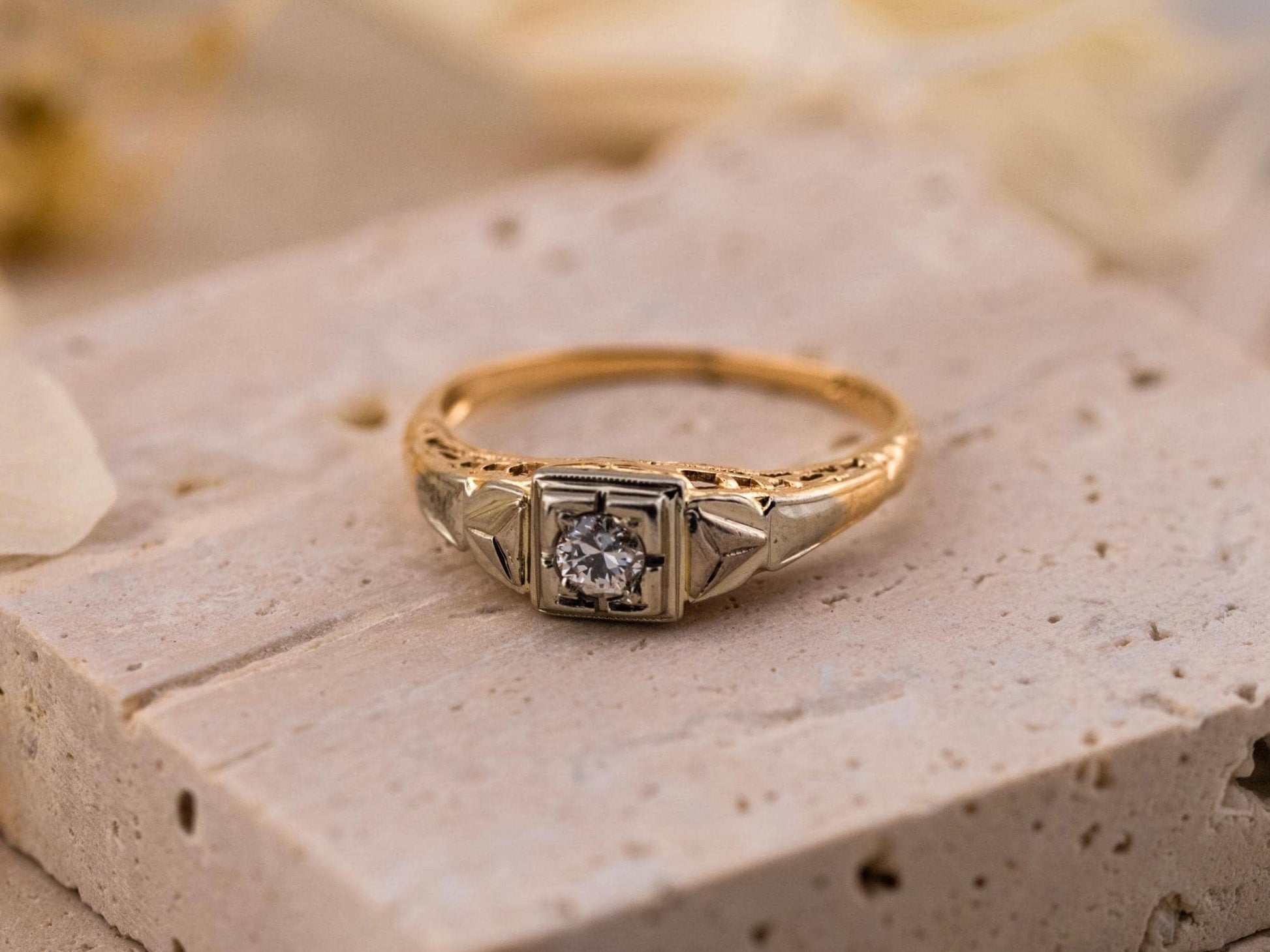 Vintage diamond ring vintage engagement ring 14k solid gold old European cut engagement ring genuine antique vintage old European cut