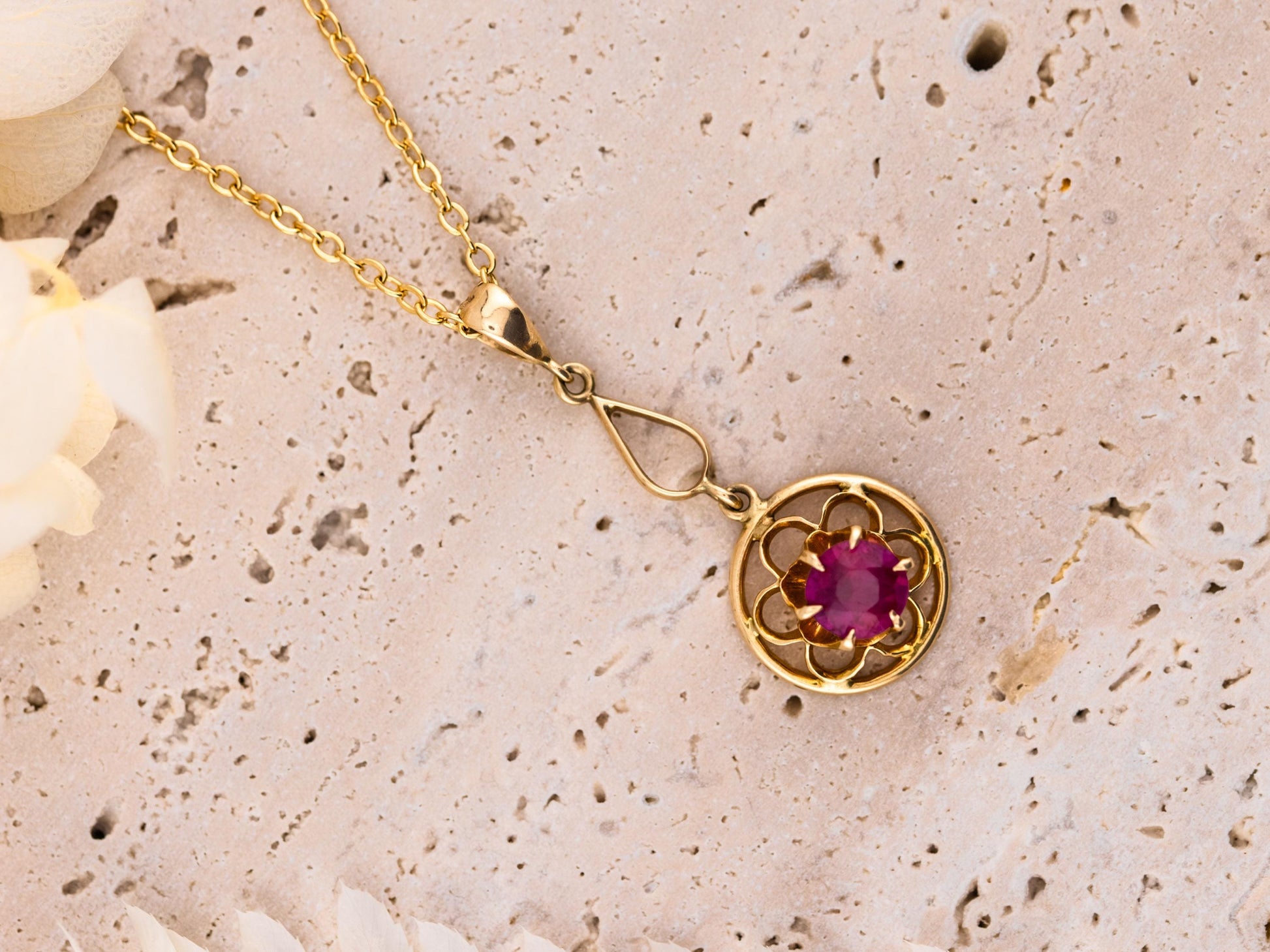 Vintage spinel necklace pendant 14k solid gold floral necklace