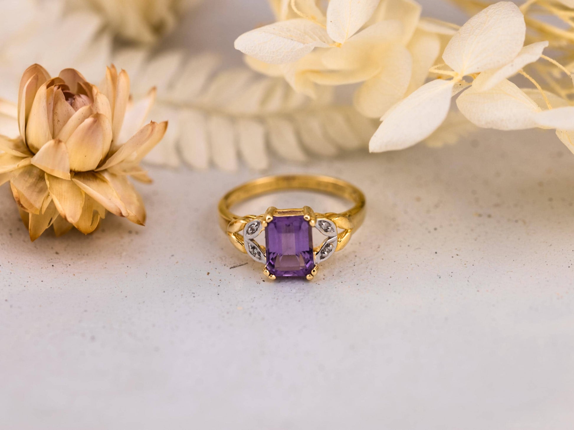 Vintage Amethyst and diamond ring 14k solid gold statement or engagement ring, genuine antique vintage emerald cut ring