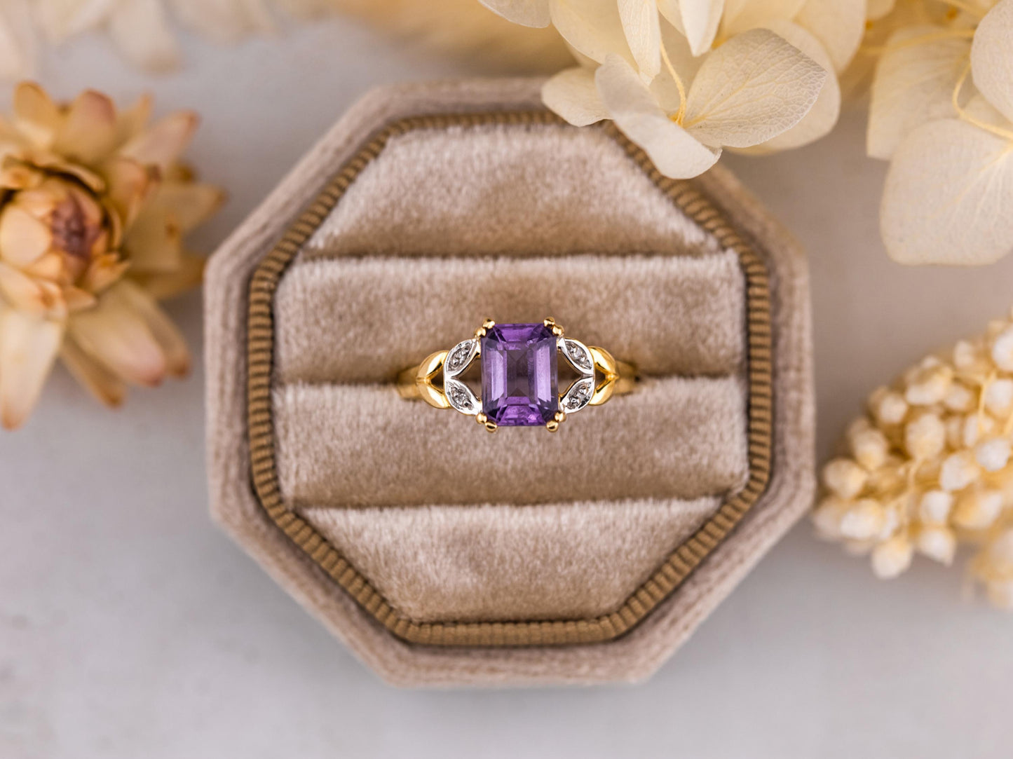 Vintage Amethyst and diamond ring 14k solid gold statement or engagement ring, genuine antique vintage emerald cut ring