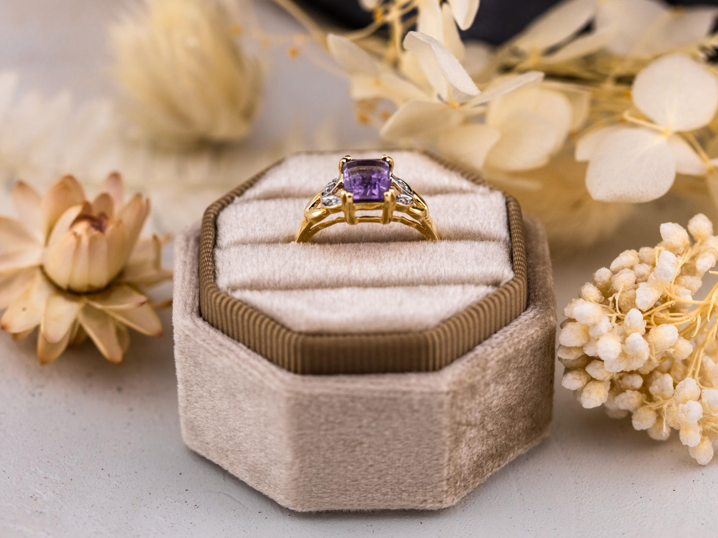 Vintage Amethyst and diamond ring 14k solid gold statement or engagement ring, genuine antique vintage emerald cut ring