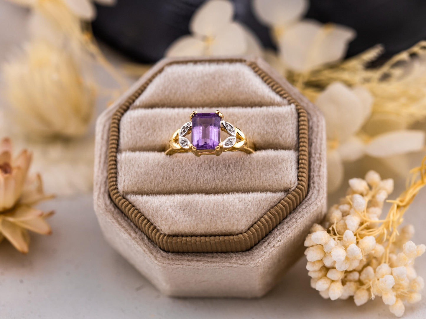 Vintage Amethyst and diamond ring 14k solid gold statement or engagement ring, genuine antique vintage emerald cut ring