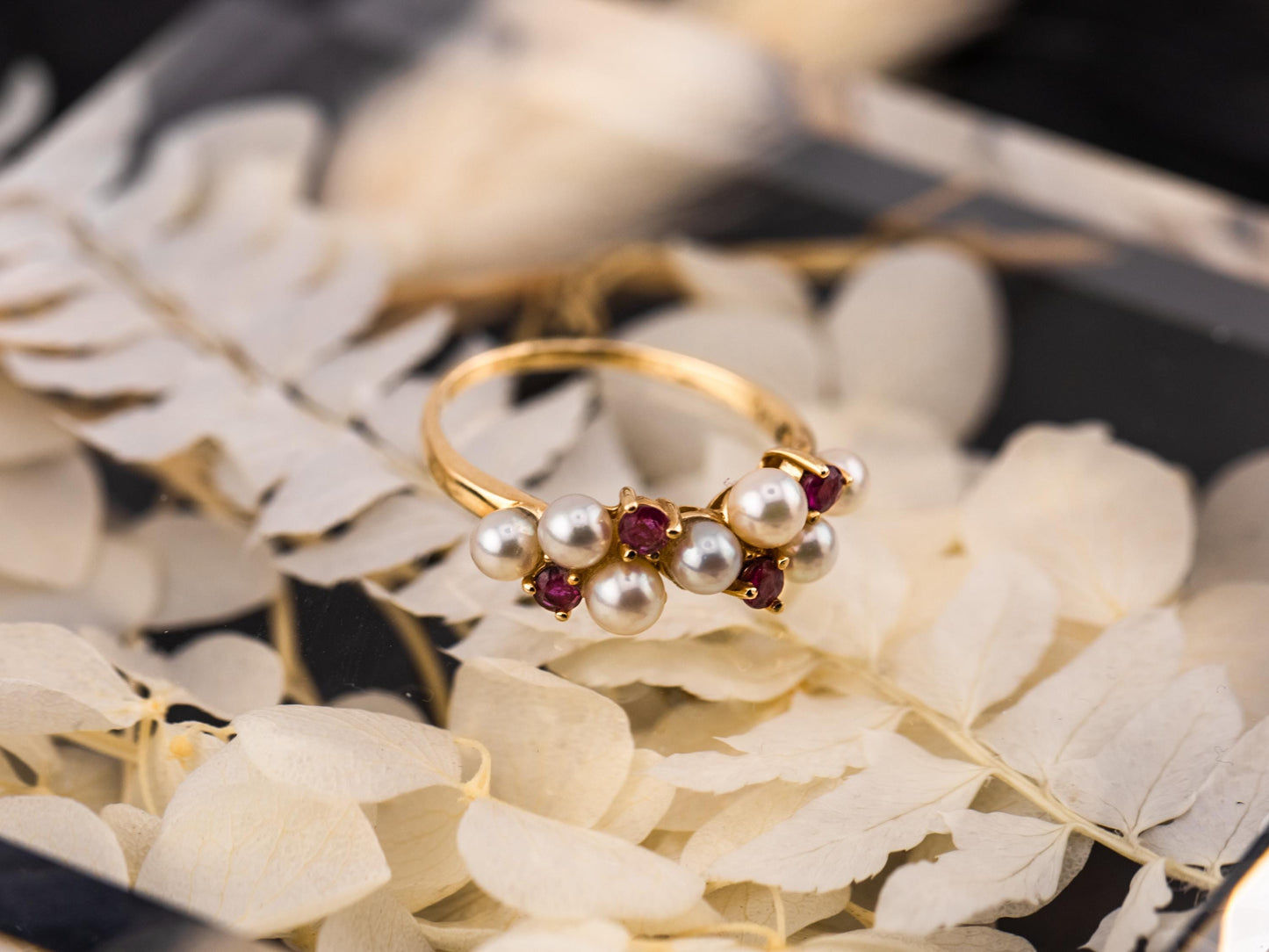 Vintage pearl and ruby ring 14k solid gold