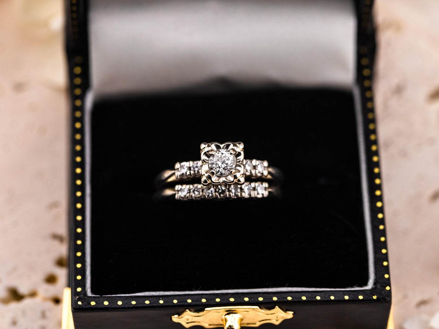 Vintage bridal set engagement ring and wedding band set 14k solid gold