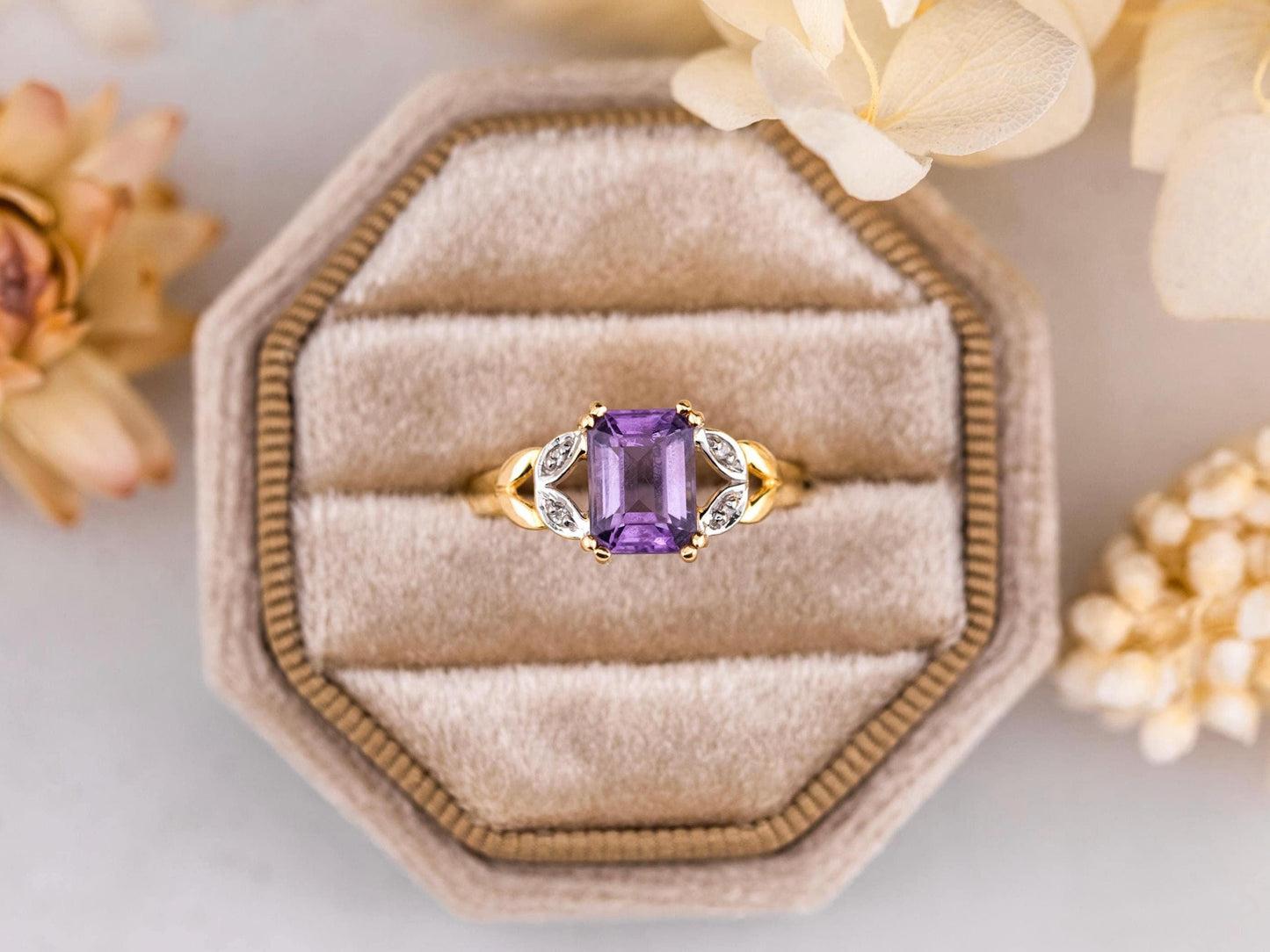 Vintage Amethyst and diamond ring 14k solid gold statement or engagement ring, genuine antique vintage emerald cut ring