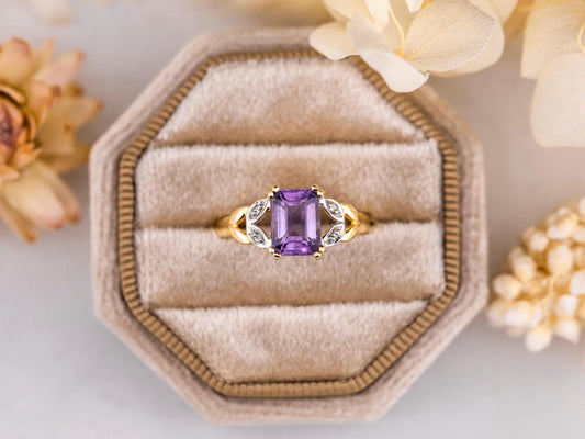 Vintage Amethyst and diamond ring 14k solid gold statement or engagement ring, genuine antique vintage emerald cut ring