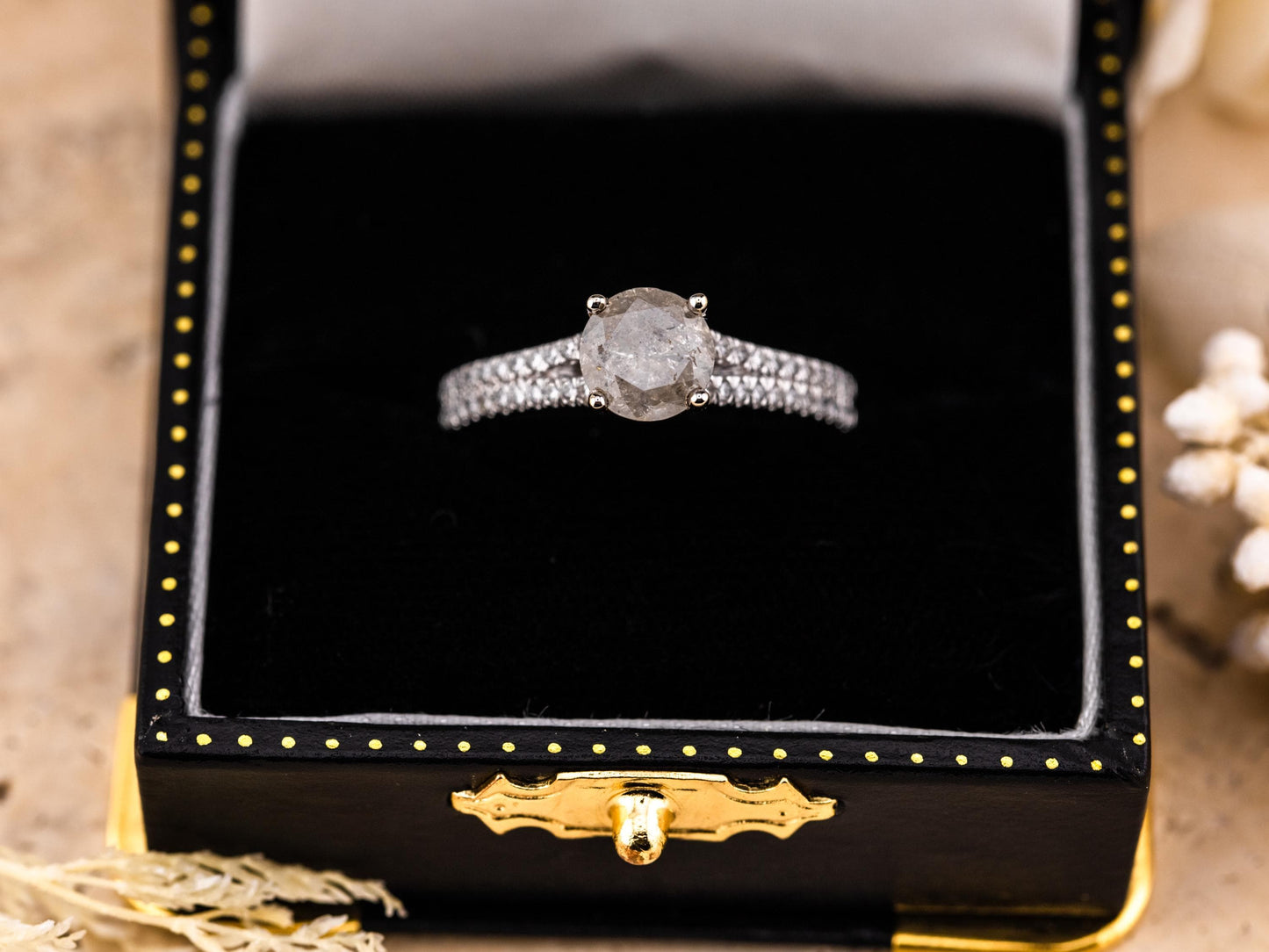 Diamond engagement ring salt and pepper diamond 14k solid gold