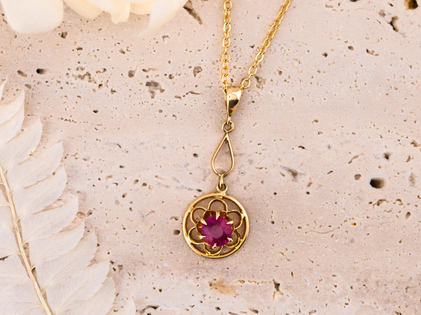 Vintage spinel necklace pendant 14k solid gold floral necklace