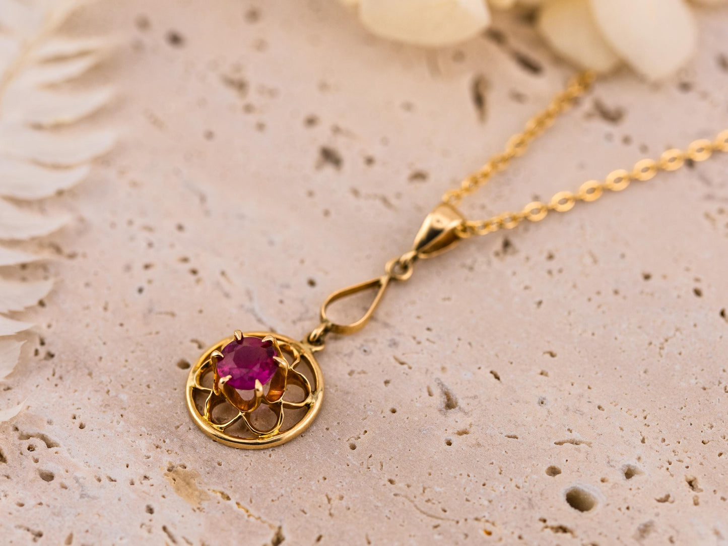 Vintage spinel necklace pendant 14k solid gold floral necklace