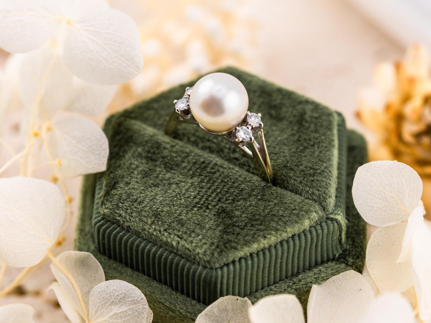 Vintage pearl and diamond ring akoya pearl 14k solid gold