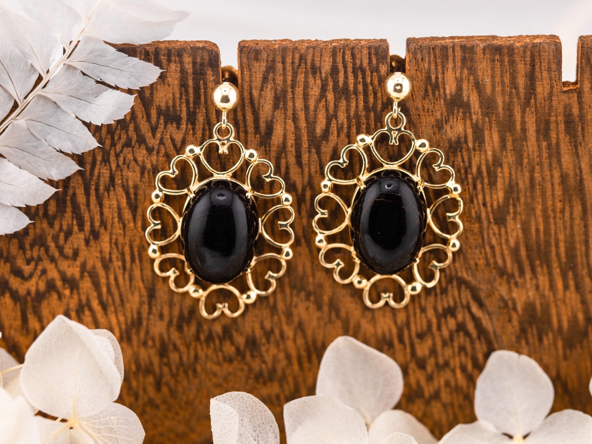 Vintage onyx earrings post dangle earrings 14k solid gold