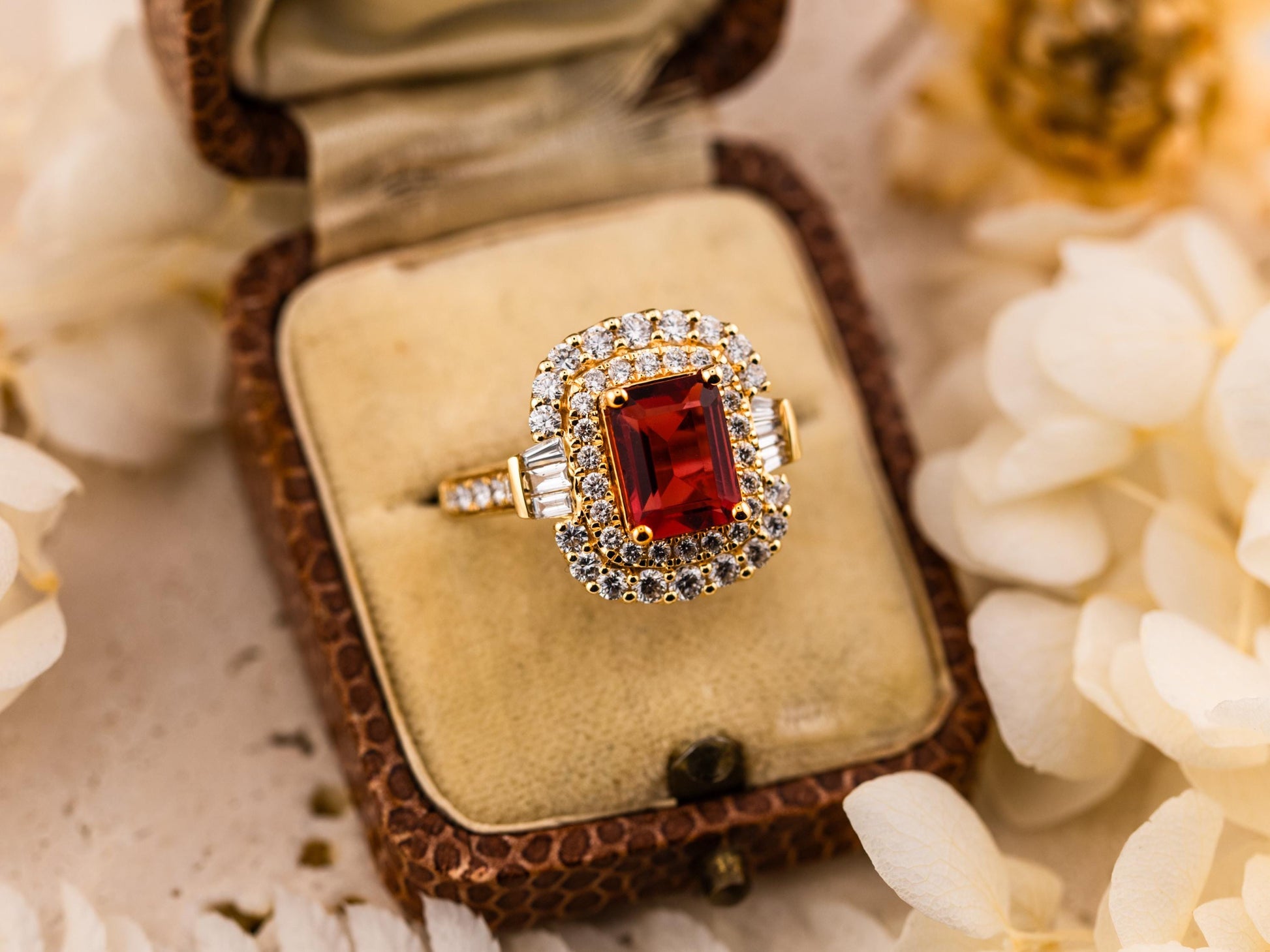 Ruby and diamond ring emerald cut 3.83ct Lab grown emerald cut double halo ring