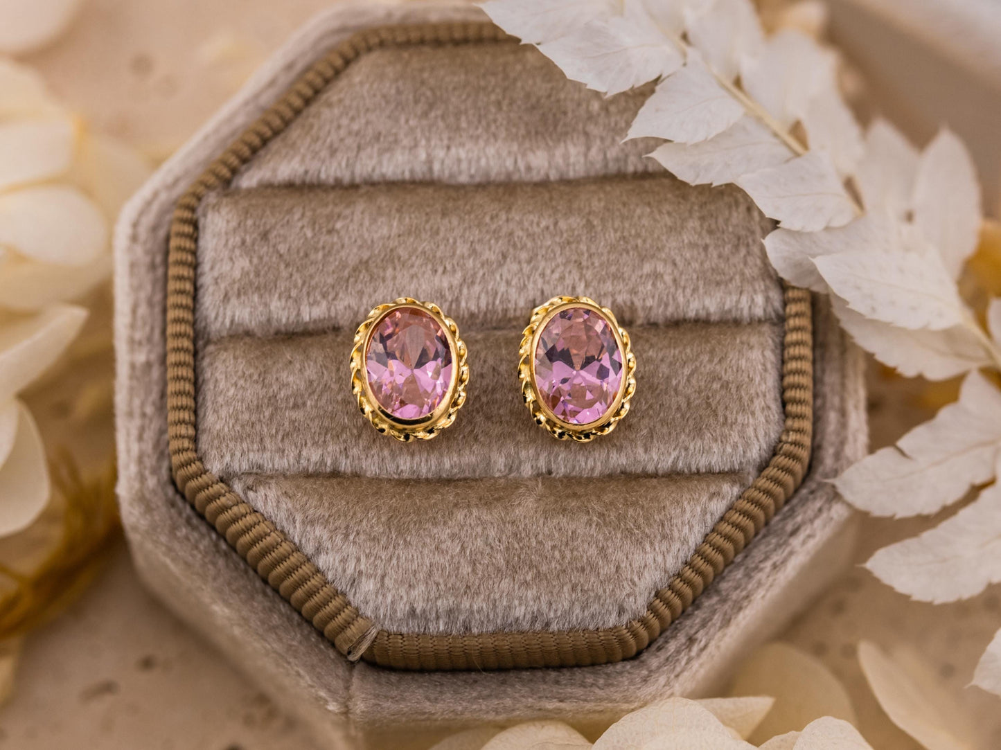 Vintage earrings 14k Yellow Gold Pink Oval Crystal Stud Earrings Bezel Set