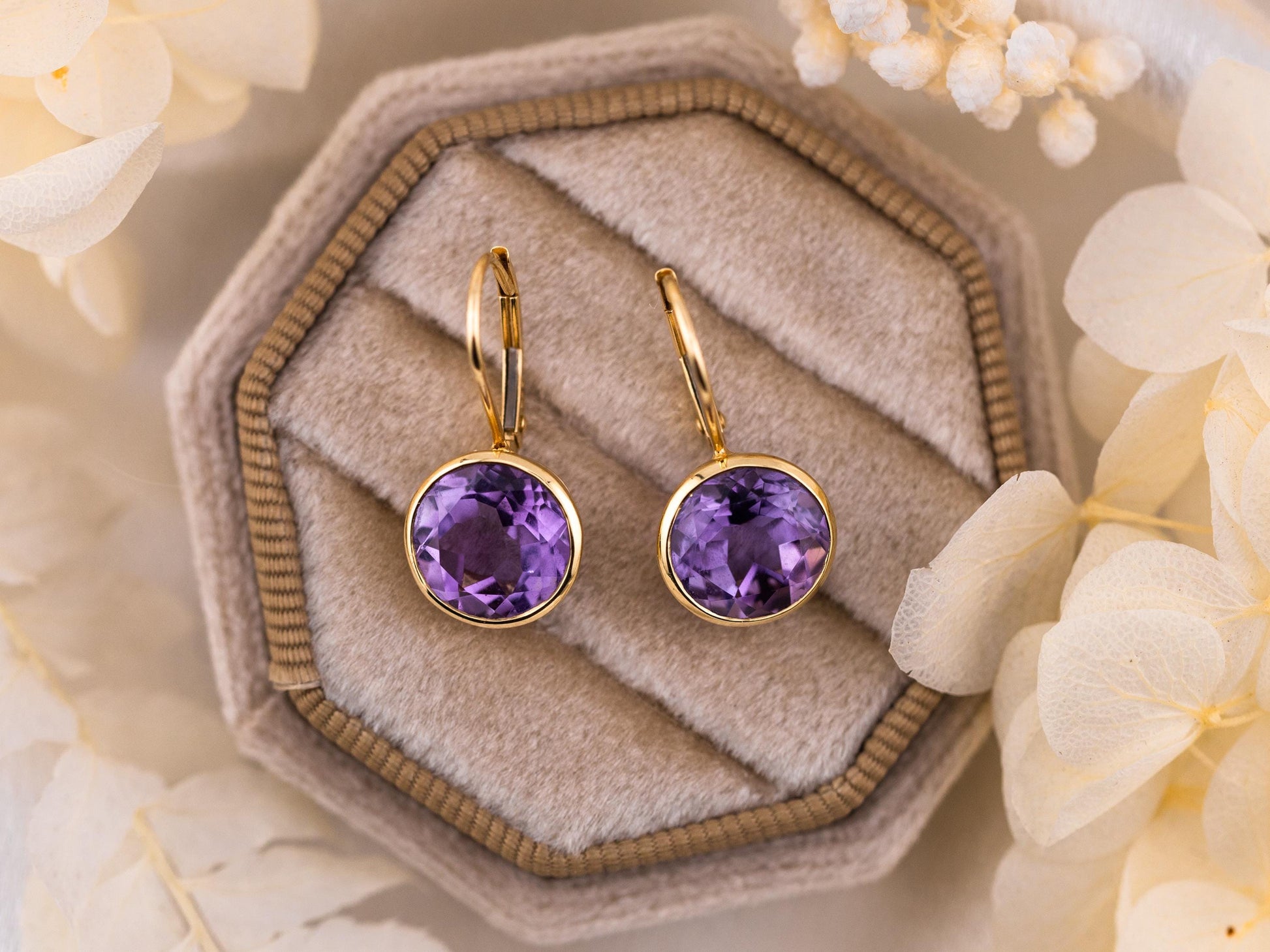 Vintage Amethyst earrings bezel set 14k yellow gold drop earrings