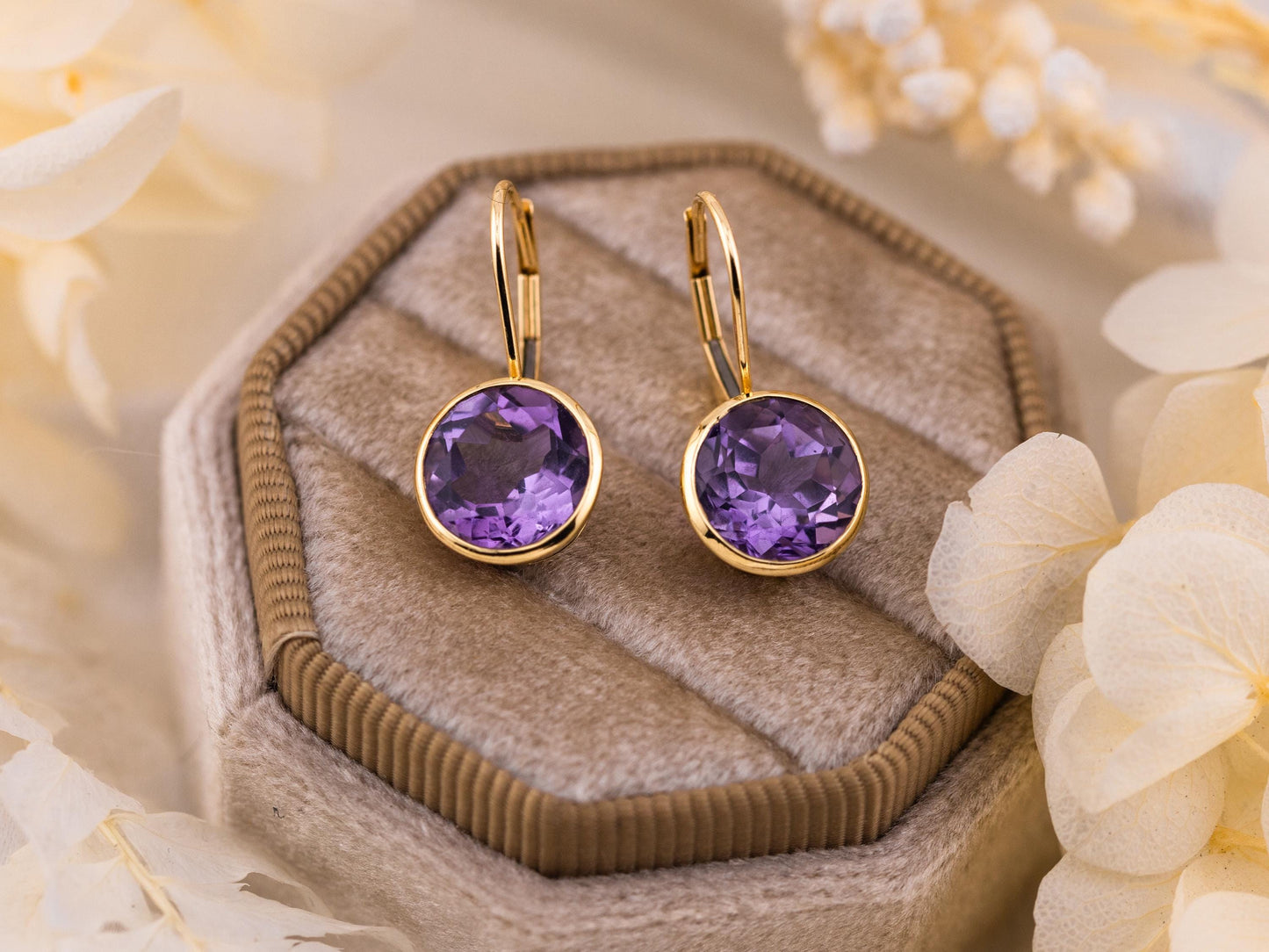 Vintage Amethyst earrings bezel set 14k yellow gold drop earrings