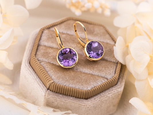 Vintage Amethyst earrings bezel set 14k yellow gold drop earrings