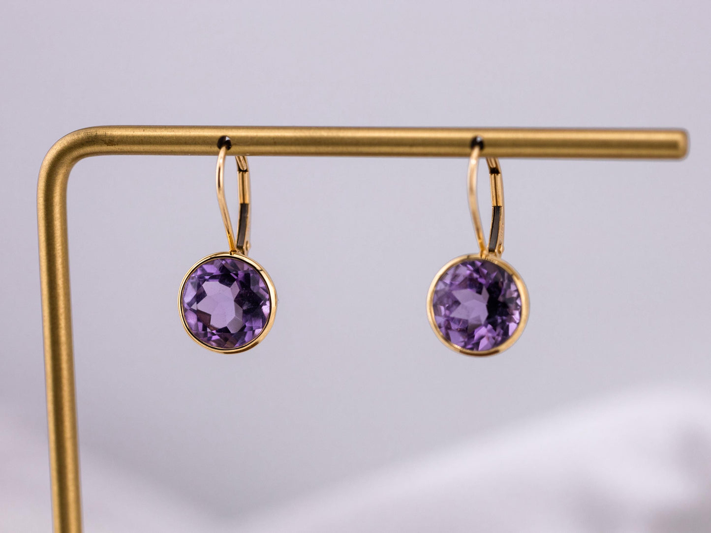 Vintage Amethyst earrings bezel set 14k yellow gold drop earrings