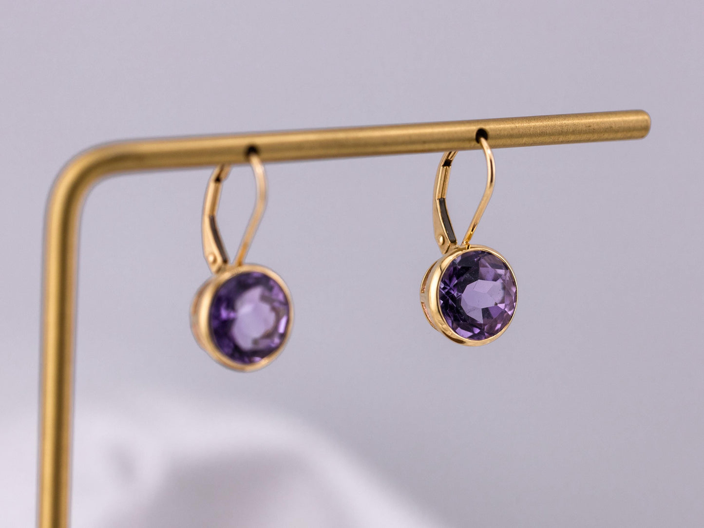 Vintage Amethyst earrings bezel set 14k yellow gold drop earrings