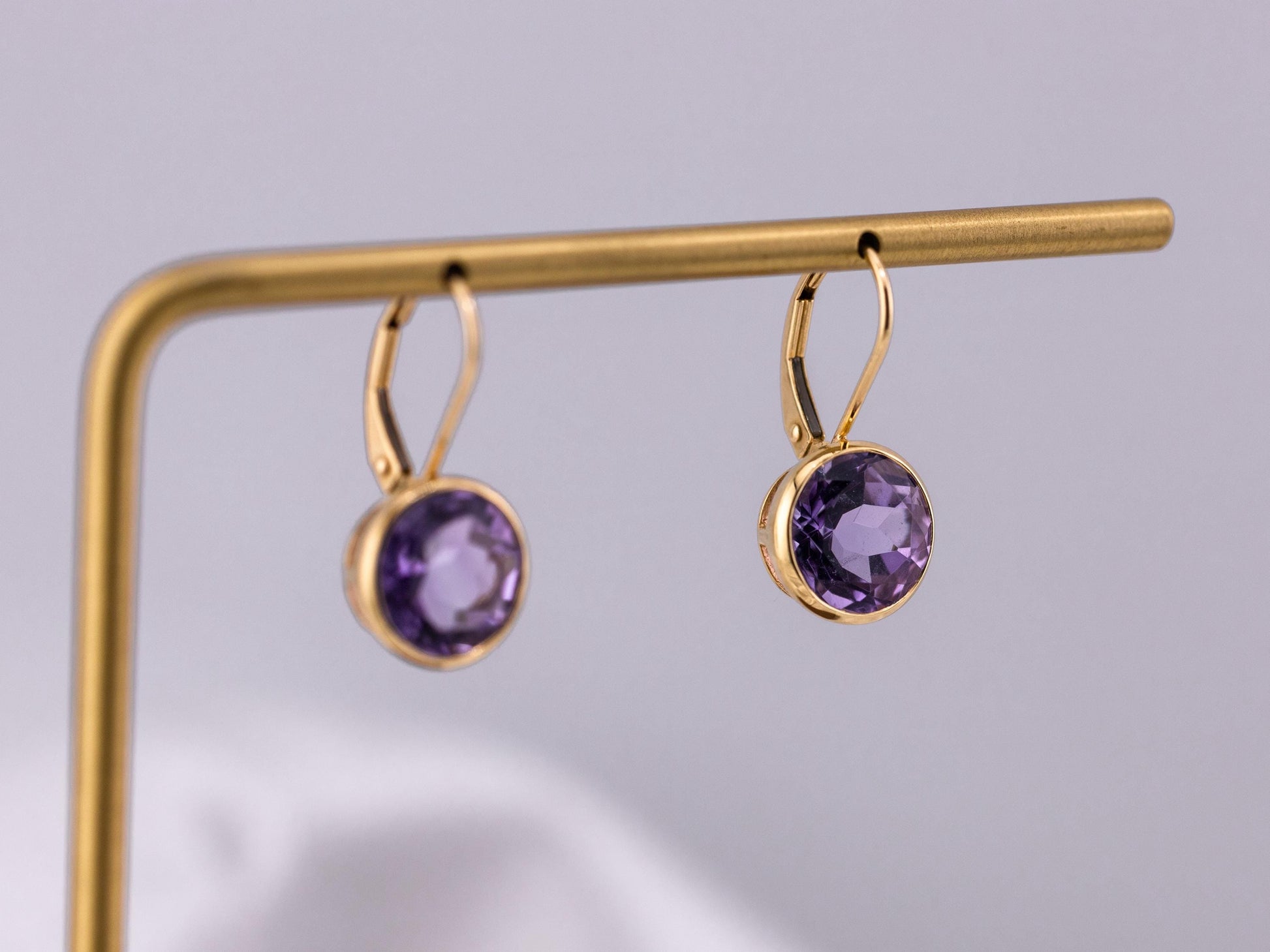 Vintage Amethyst earrings bezel set 14k yellow gold drop earrings