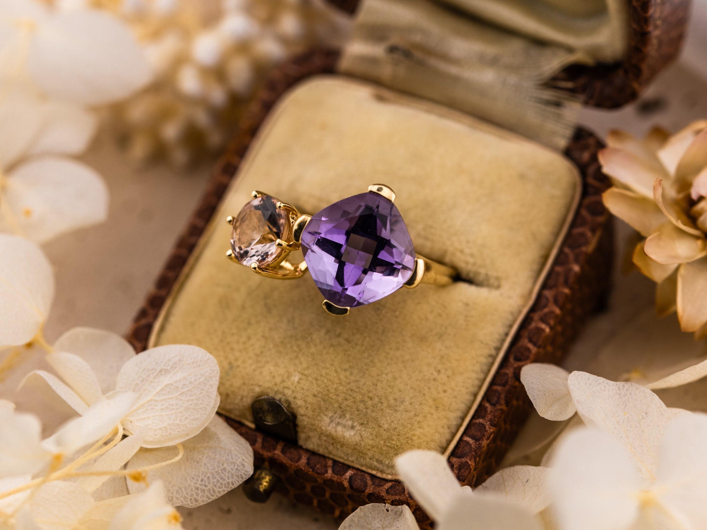 Vintage Toi Et Moi Ring Amethyst and Morganite 14k solid gold antique ring