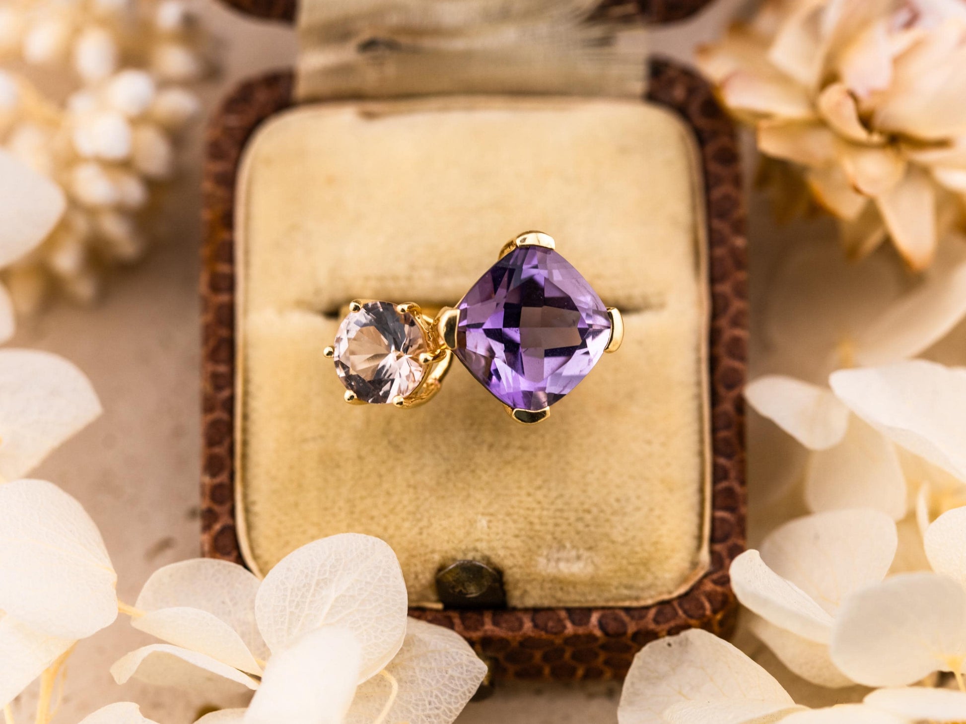 Vintage Toi Et Moi Ring Amethyst and Morganite 14k solid gold antique ring