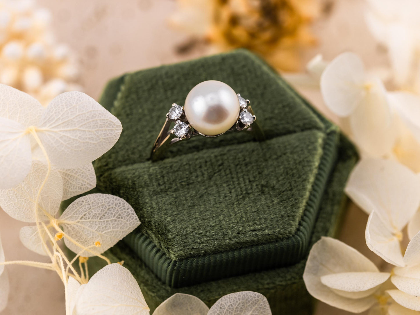 Vintage pearl and diamond ring akoya pearl 14k solid gold