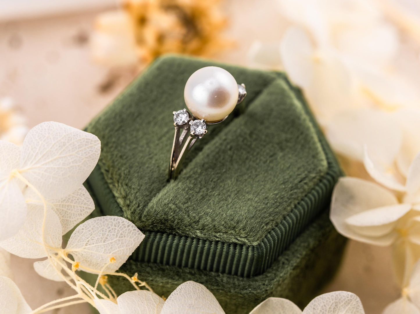 Vintage pearl and diamond ring akoya pearl 14k solid gold