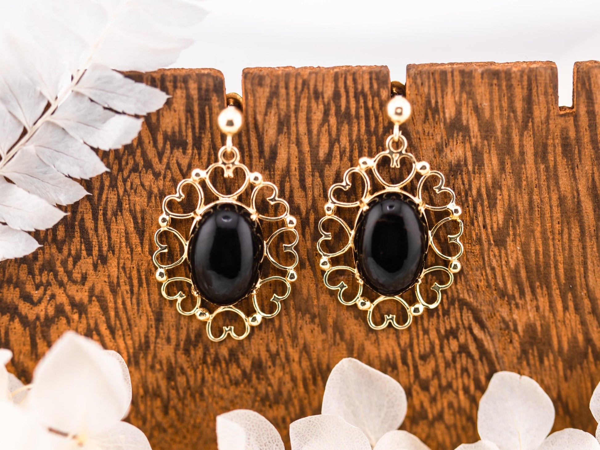 Vintage onyx earrings post dangle earrings 14k solid gold