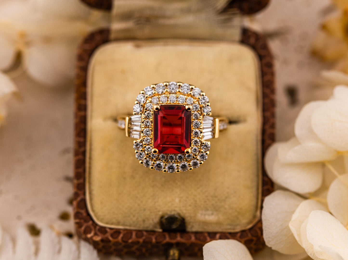 Ruby and diamond ring emerald cut 3.83ct Lab grown emerald cut double halo ring