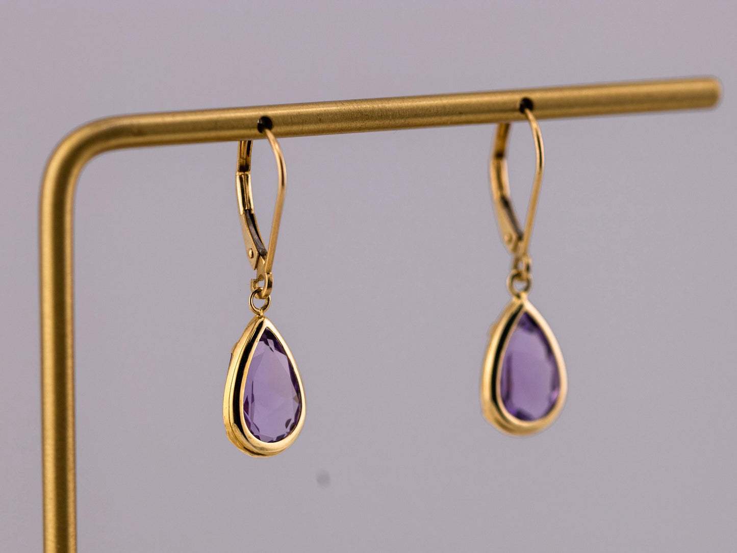 Amethyst Earrings bezel set pear Dangle Tear Drop earrings 14k solid yellow gold February birthstone earrings