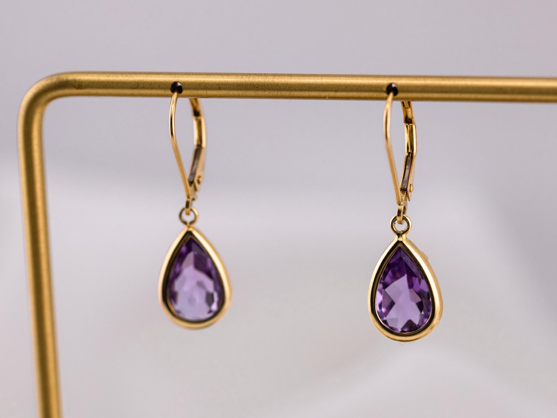 Amethyst Earrings bezel set pear Dangle Tear Drop earrings 14k solid yellow gold February birthstone earrings