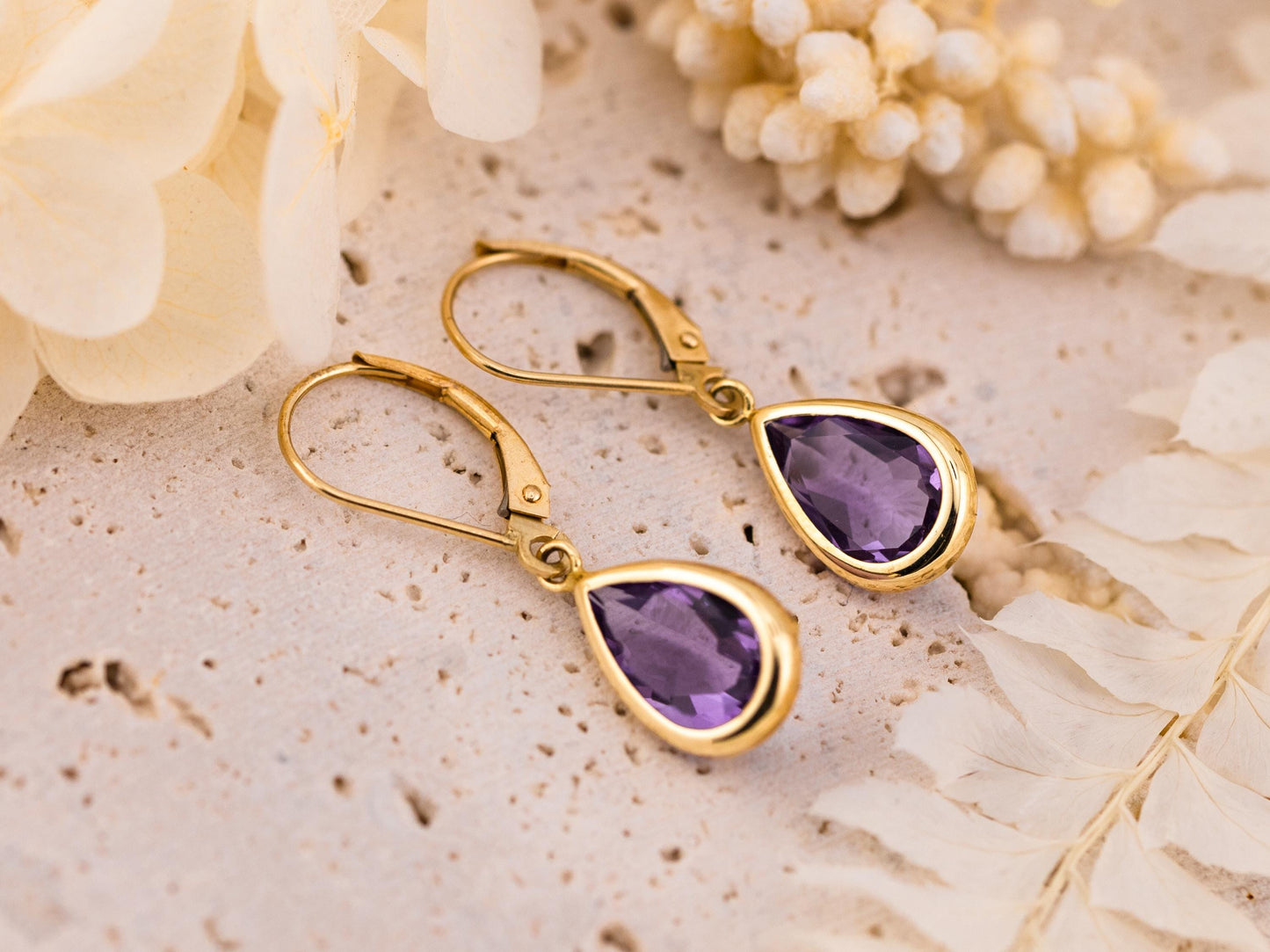 Amethyst Earrings bezel set pear Dangle Tear Drop earrings 14k solid yellow gold February birthstone earrings