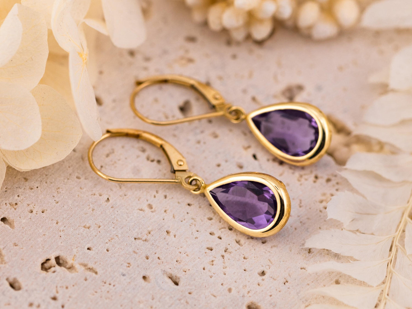 Amethyst Earrings bezel set pear Dangle Tear Drop earrings 14k solid yellow gold February birthstone earrings