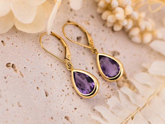 Amethyst Earrings bezel set pear Dangle Tear Drop earrings 14k solid yellow gold February birthstone earrings