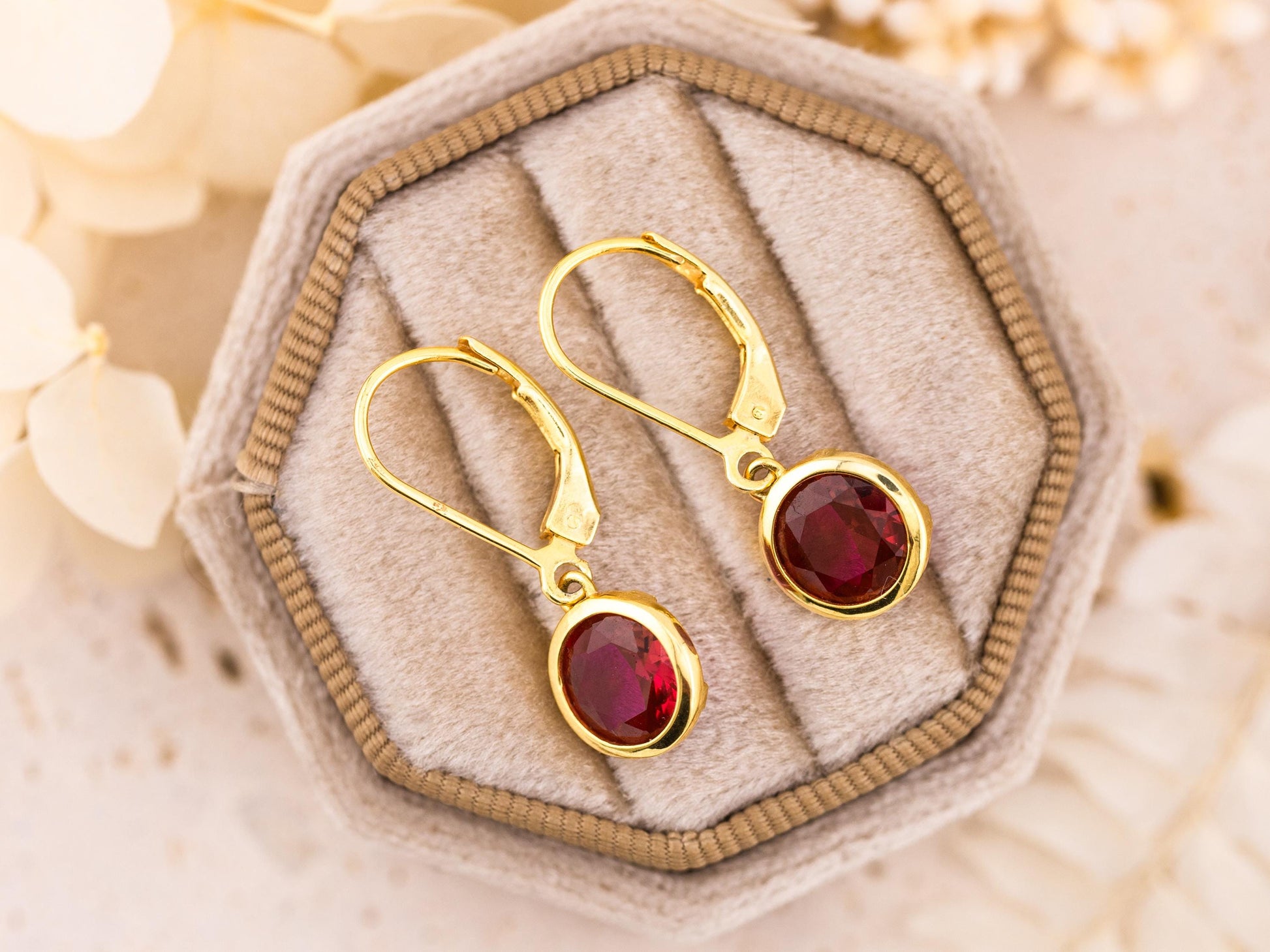 Ruby earrings lab created Ruby 4 CT bezel earrings July birthstone earrings round vintage drop dangle earrings 14K yellow gold plated