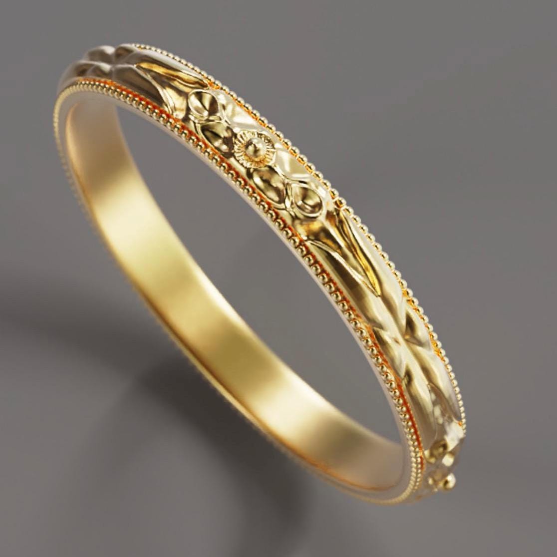 Vintage Art Deco Orange Blossom Engraved Wedding Band 14k Yellow Gold