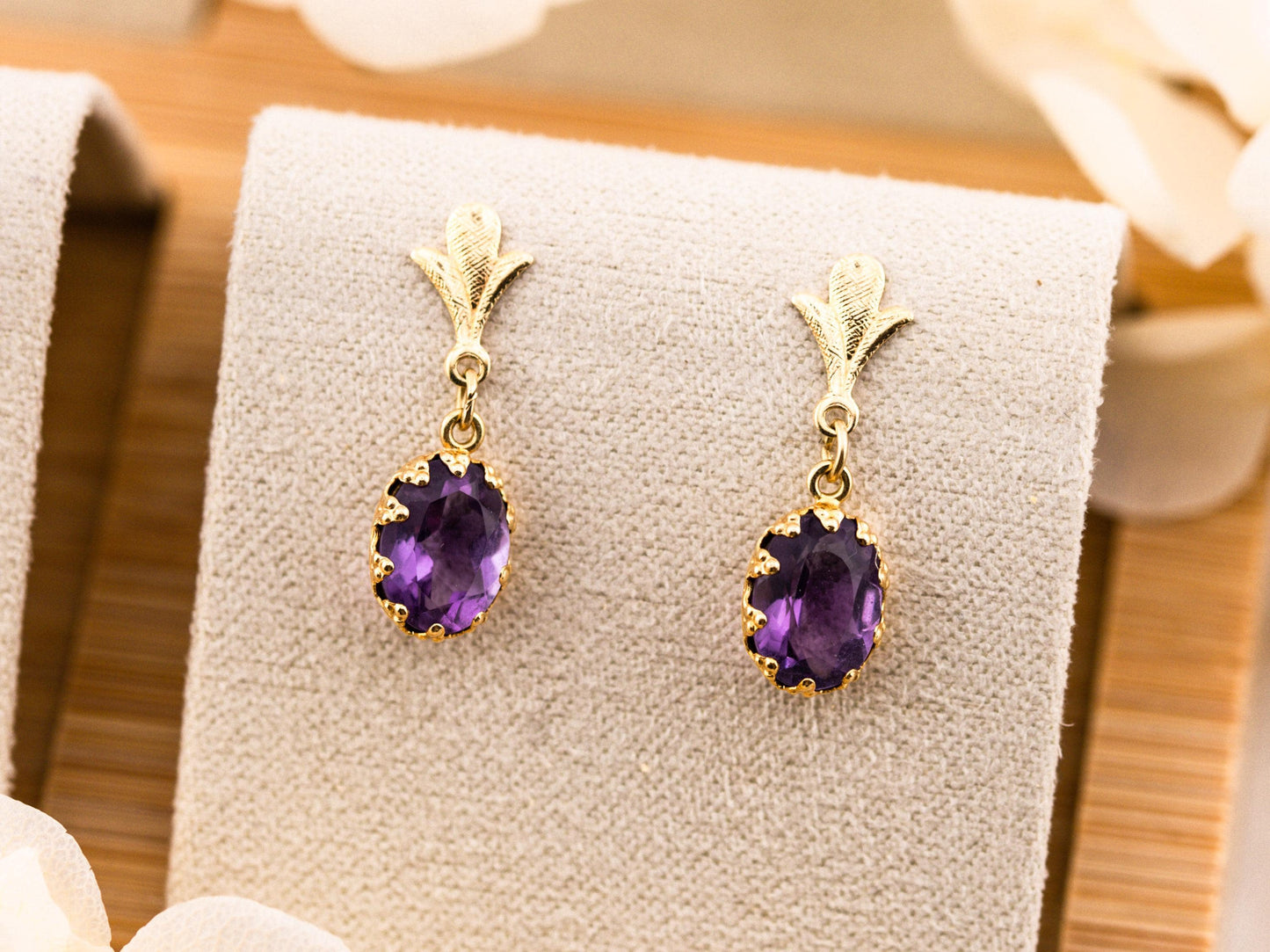 Vintage earrings drop oval amethyst earrings 14k solid yellow gold February birthstone earrings