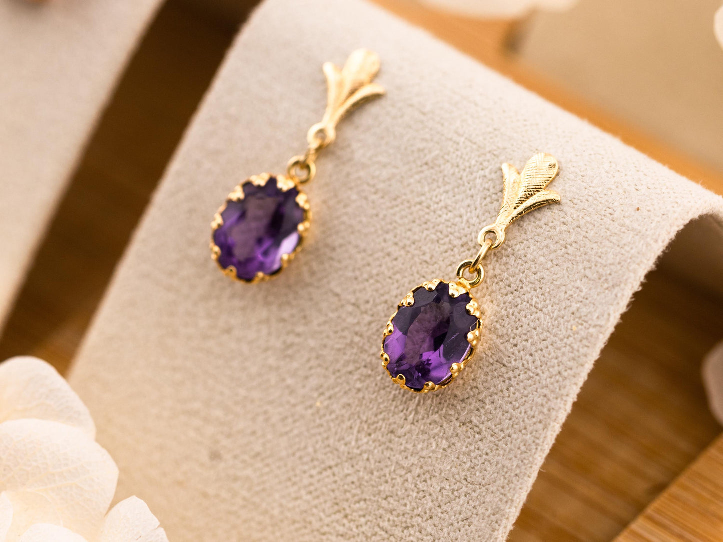 Vintage earrings drop oval amethyst earrings 14k solid yellow gold February birthstone earrings