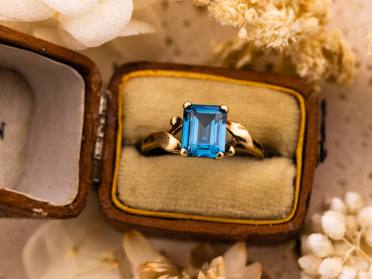 Vintage Topaz ring emerald cut Blue Topaz 10k solid yellow gold ring