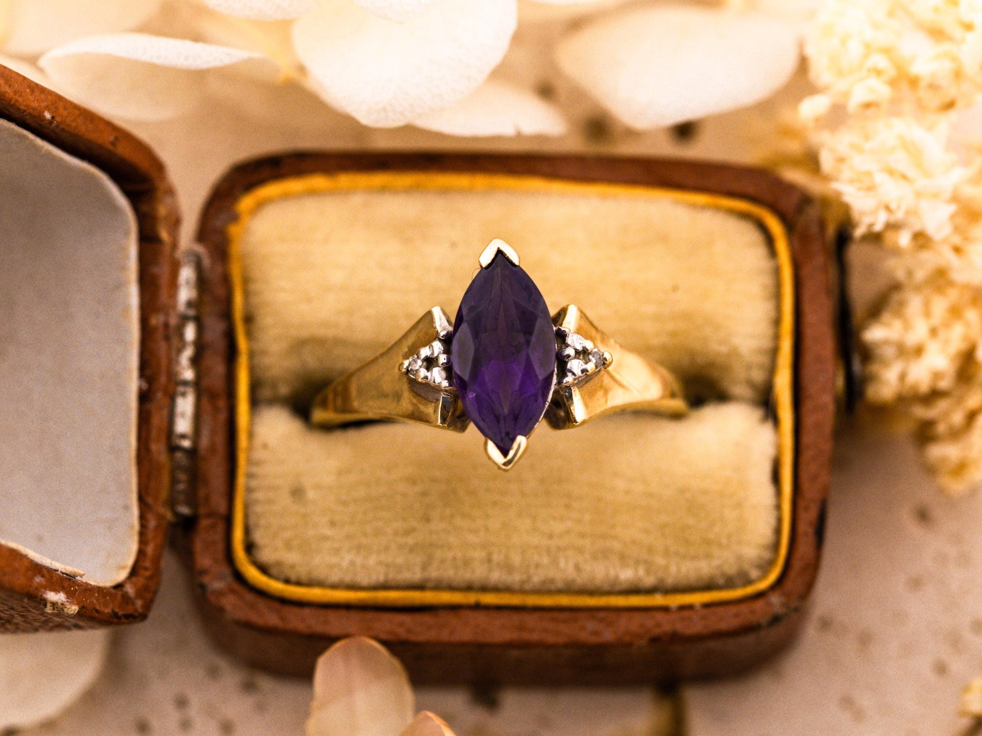 Vintage amethyst marquise ring 10k solid yellow gold ring amethyst and diamond