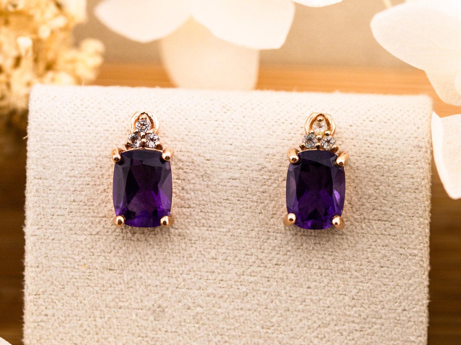 Vintage amethyst earrings studs 10k solid rose gold with white topaz accents