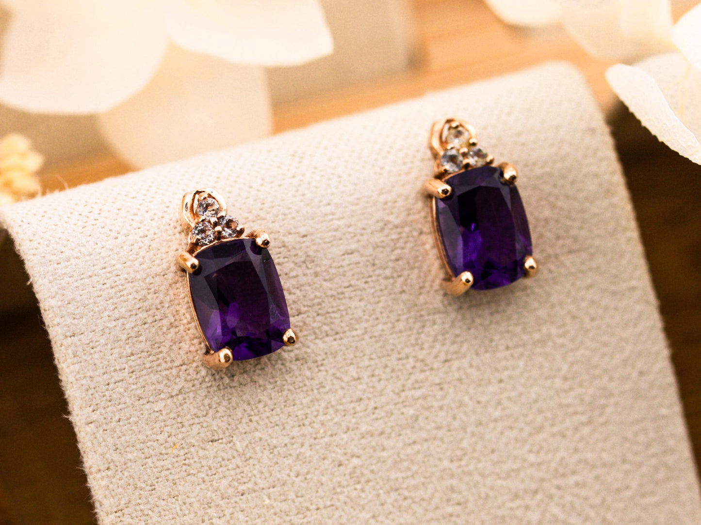 Vintage amethyst earrings studs 10k solid rose gold with white topaz accents