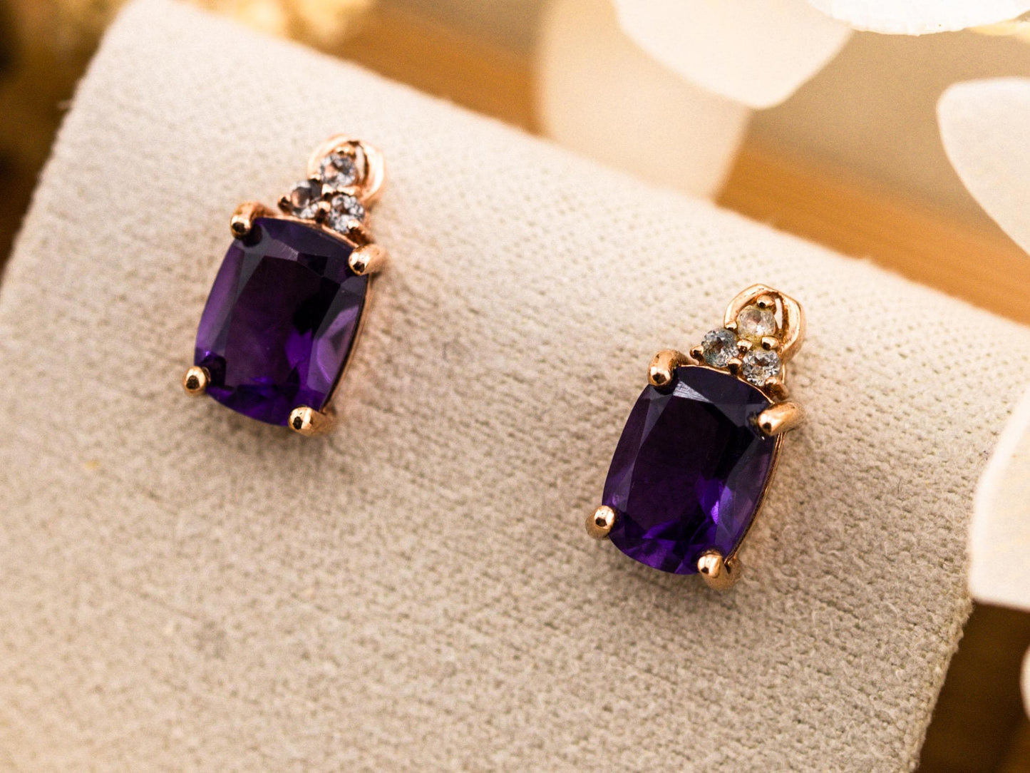 Vintage amethyst earrings studs 10k solid rose gold with white topaz accents